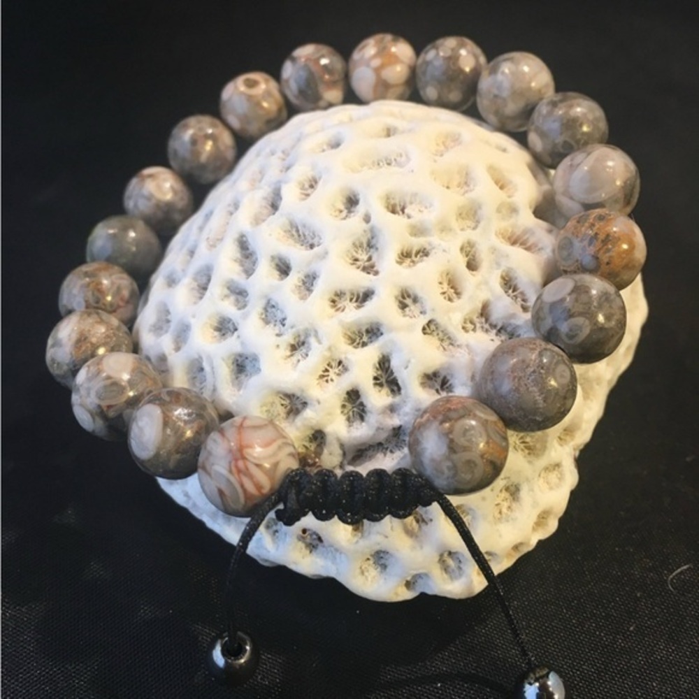Men's Fossil Crinoid Brown Grey Cream Adjustable Bracelet